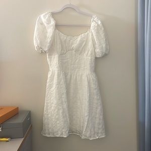 White Ruched Bust Puff Sleeve Dress
